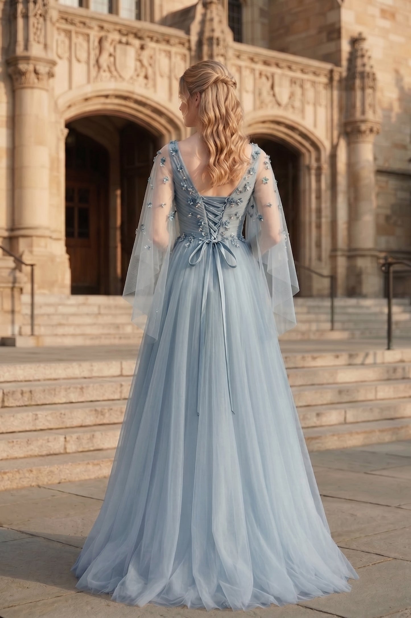 V Neck Applique Tulle A-Line Prom Dress with Sheer Sleeves and Lace-Up Back | Sevoba