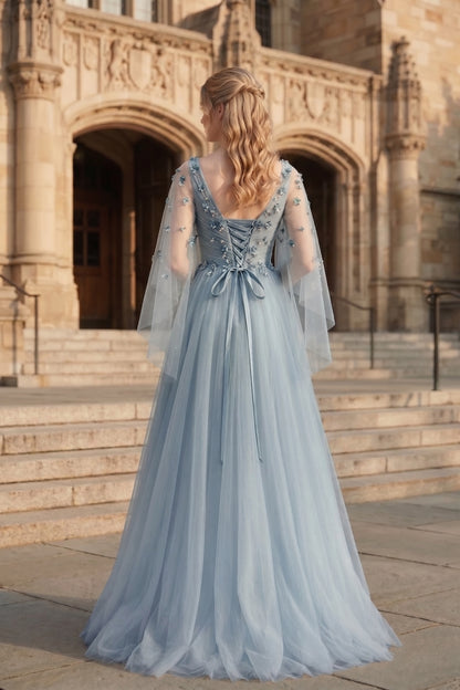 V Neck Applique Tulle A-Line Prom Dress with Sheer Sleeves and Lace-Up Back | Sevoba