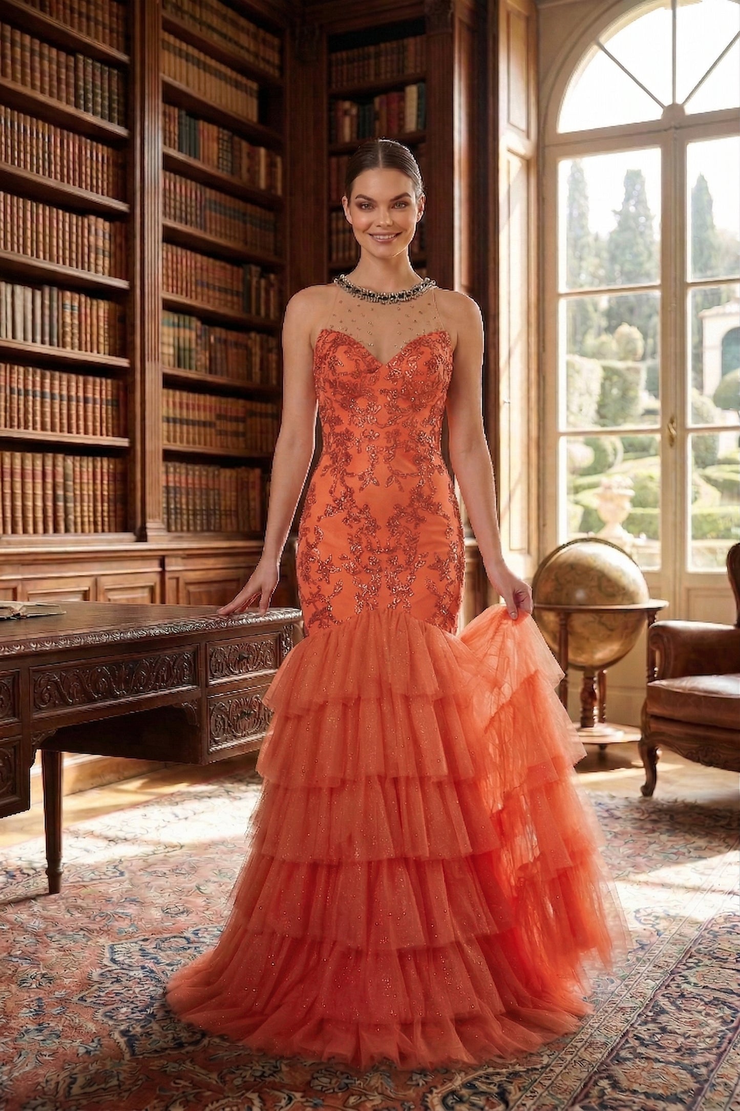 Illusion Neck Beaded Lace Mermaid Prom Dress with Tiered Tulle Skirt | Sevoba