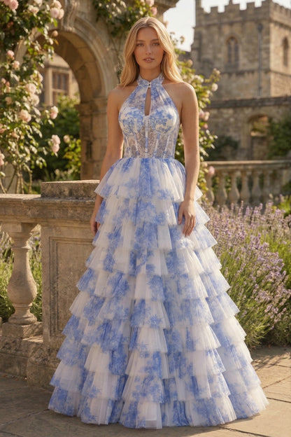 Halter Keyhole Floral Tulle Tiered Ball Gown Prom Dress with Corset Back | Sevoba