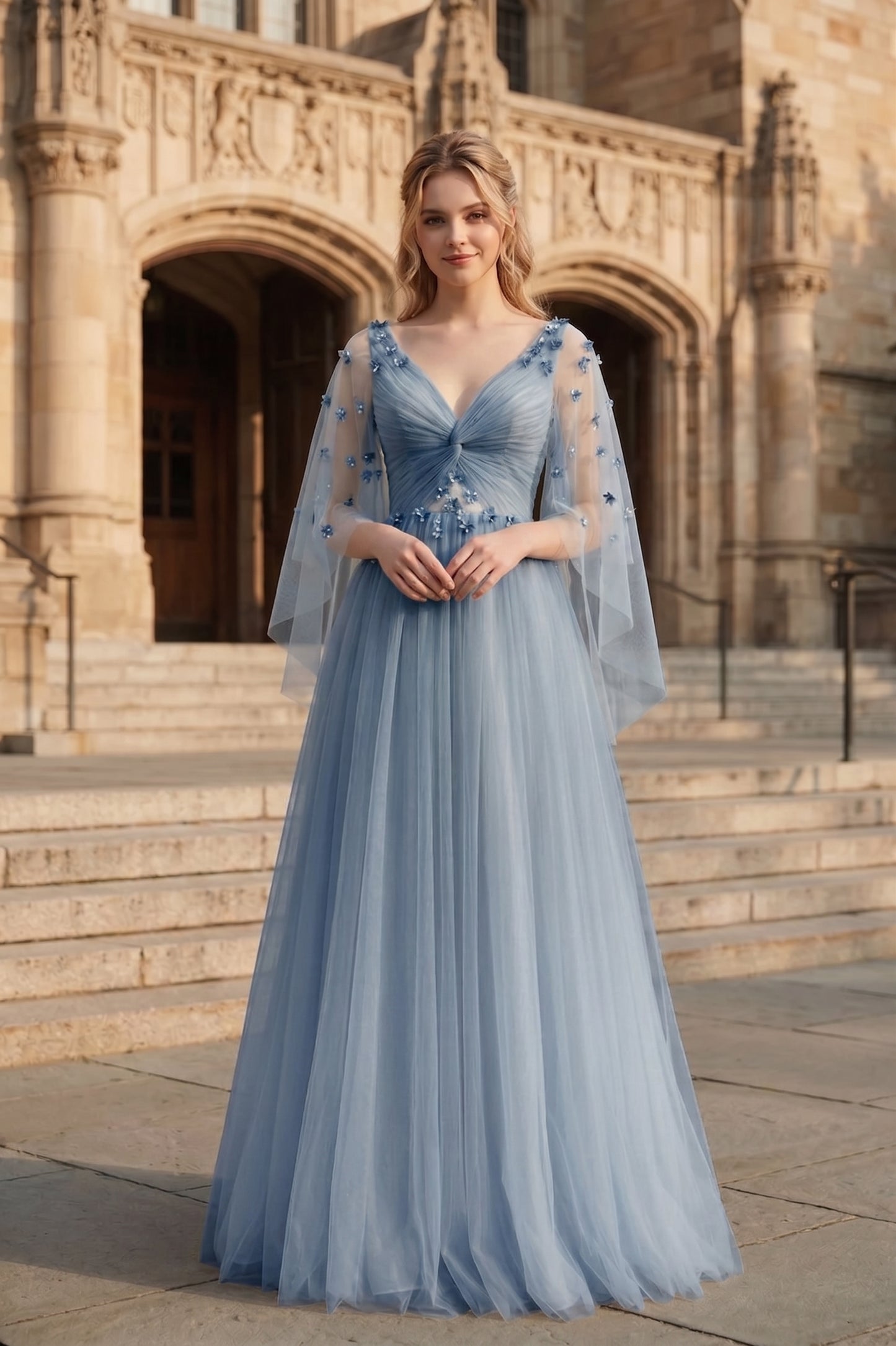 V Neck Applique Tulle A-Line Prom Dress with Sheer Sleeves and Lace-Up Back | Sevoba