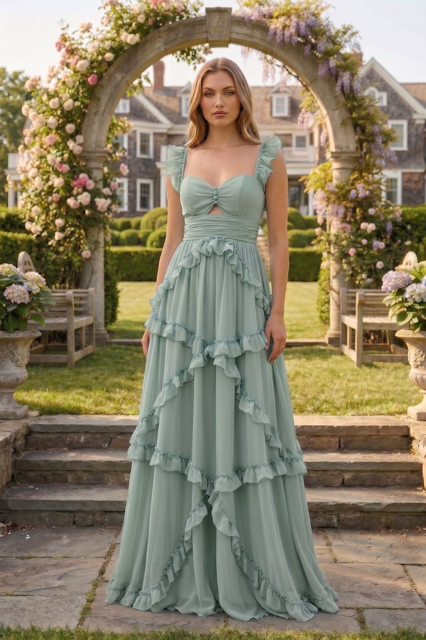 Sweetheart Cutout Ruffle Strap Tiered Chiffon A-Line Prom Dress | Sevoba