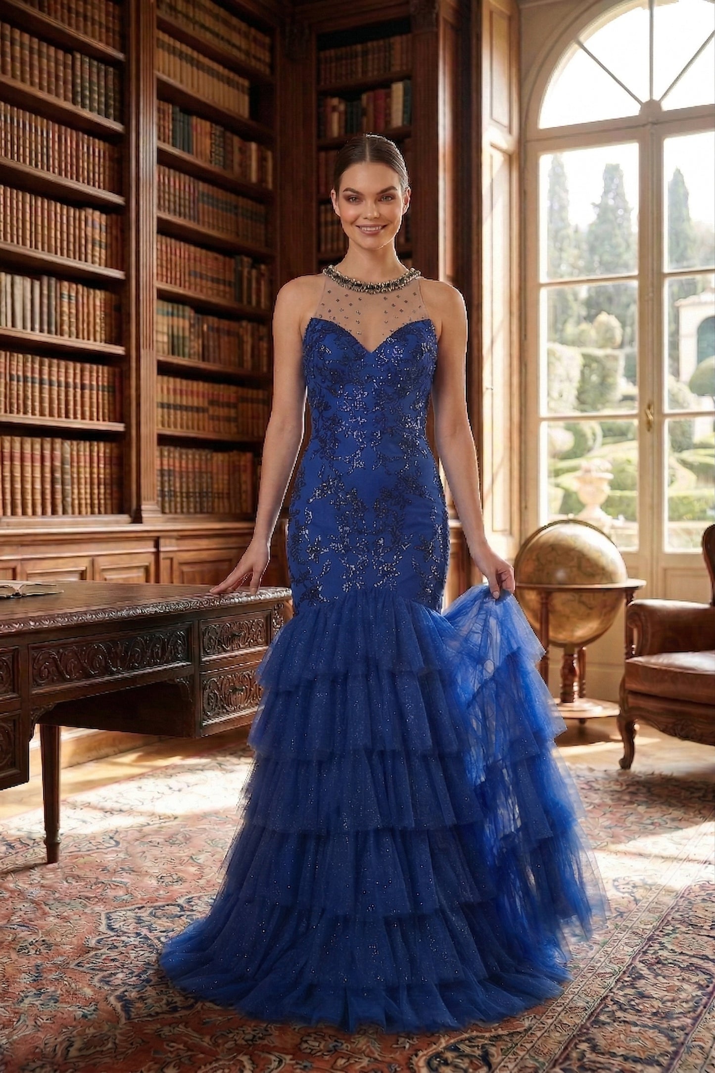 Illusion Neck Beaded Lace Mermaid Prom Dress with Tiered Tulle Skirt | Sevoba