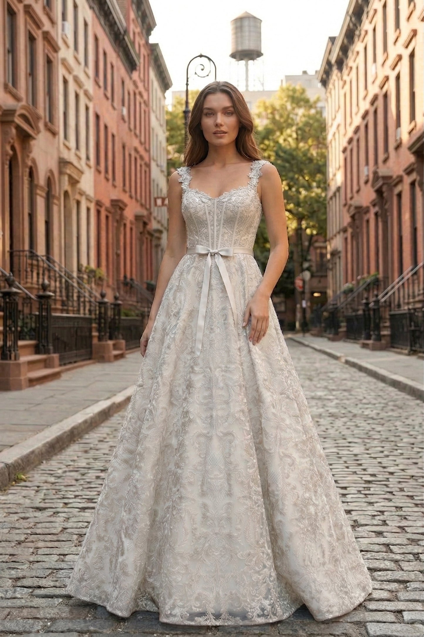 Square Neck Lace Corset A-Line Prom Dress with Satin Bow & Lace-Up Back | Sevoba