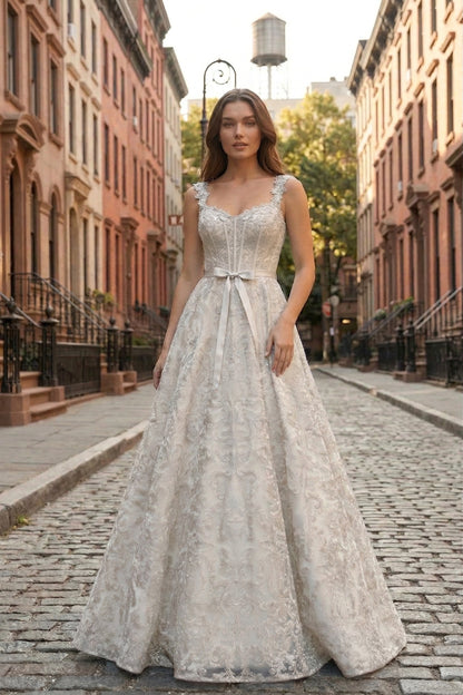Square Neck Lace Corset A-Line Prom Dress with Satin Bow & Lace-Up Back | Sevoba