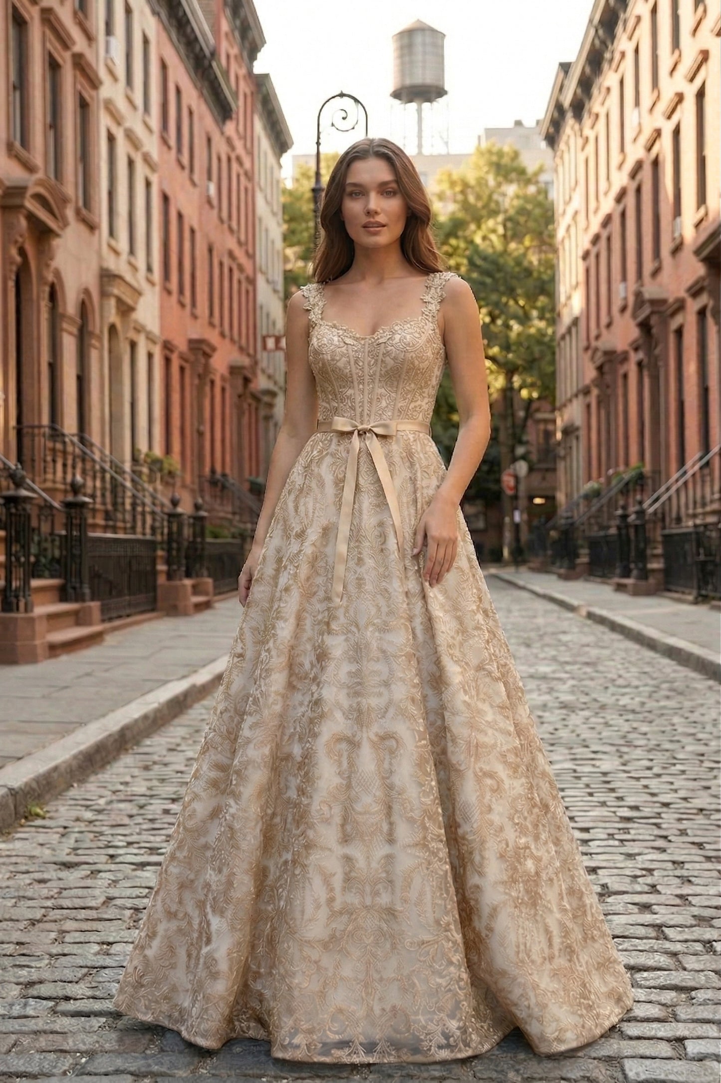 Square Neck Lace Corset A-Line Prom Dress with Satin Bow & Lace-Up Back | Sevoba
