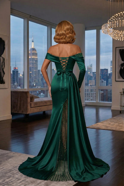Off-the-Shoulder Long Sleeve Satin Mermaid Prom Dress with Beaded Slit | Sevoba