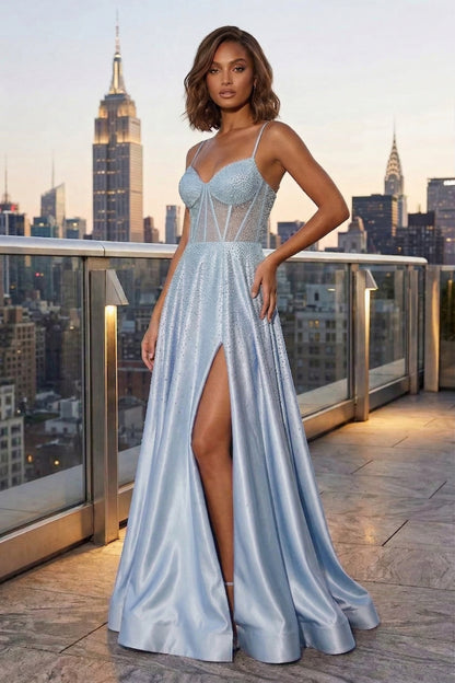 Spaghetti Strap Sheer Beaded Corset A-Line Prom Dress with Lace-Up Back & High Slit | Sevoba