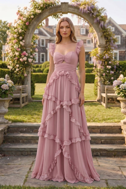 Sweetheart Cutout Ruffle Strap Tiered Chiffon A-Line Prom Dress | Sevoba