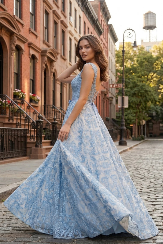 Square Neck Lace Corset A-Line Prom Dress with Satin Bow & Lace-Up Back | Sevoba