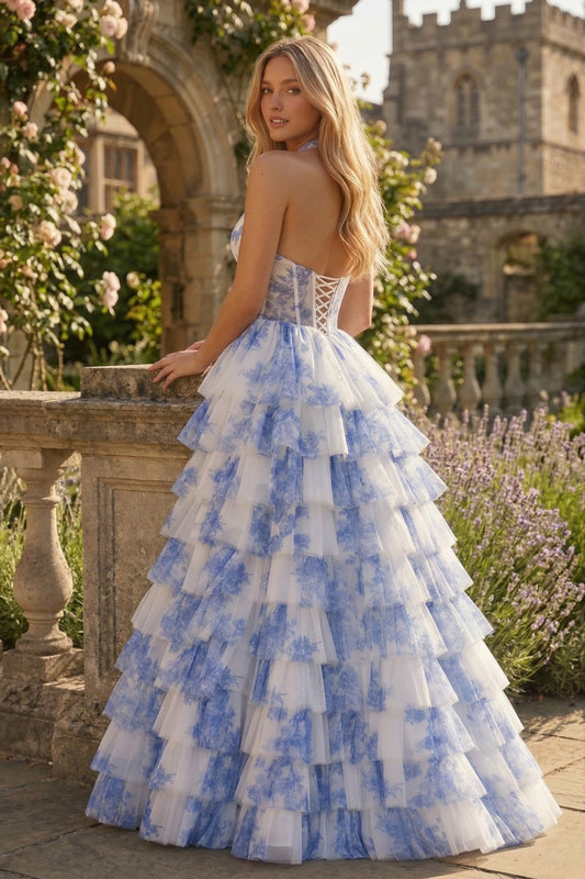 Halter Keyhole Floral Tulle Tiered Ball Gown Prom Dress with Corset Back | Sevoba