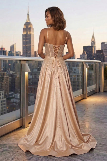 Spaghetti Strap Sheer Beaded Corset A-Line Prom Dress with Lace-Up Back & High Slit | Sevoba