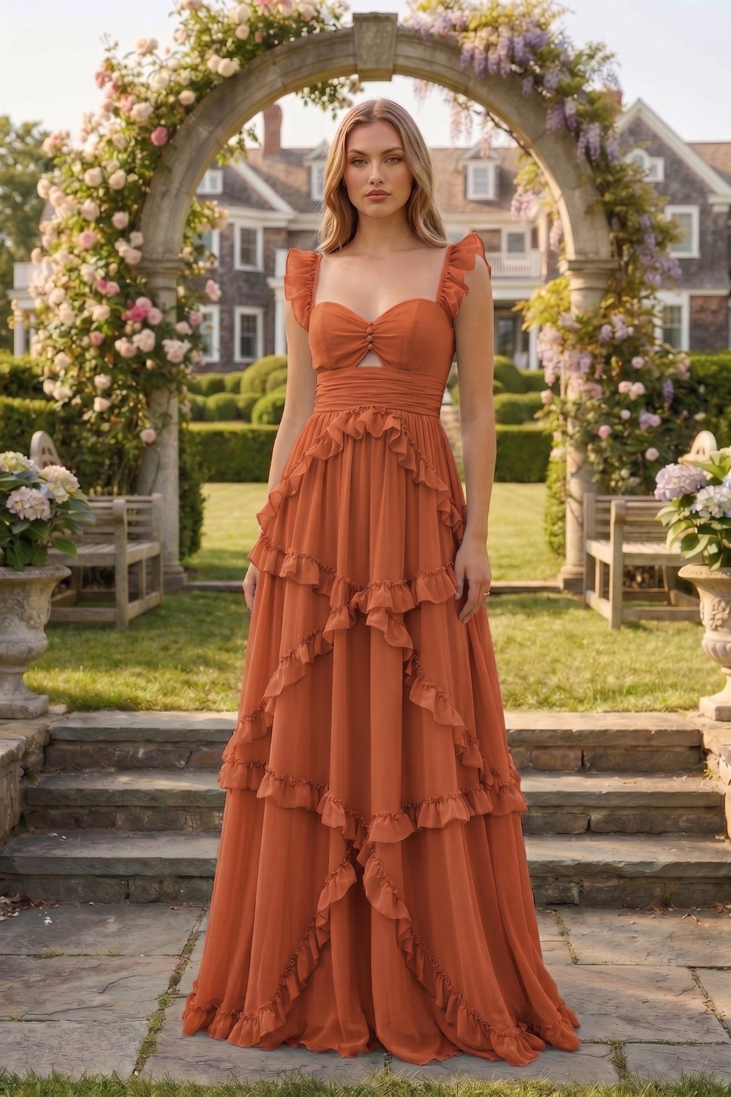 Sweetheart Cutout Ruffle Strap Tiered Chiffon A-Line Prom Dress | Sevoba