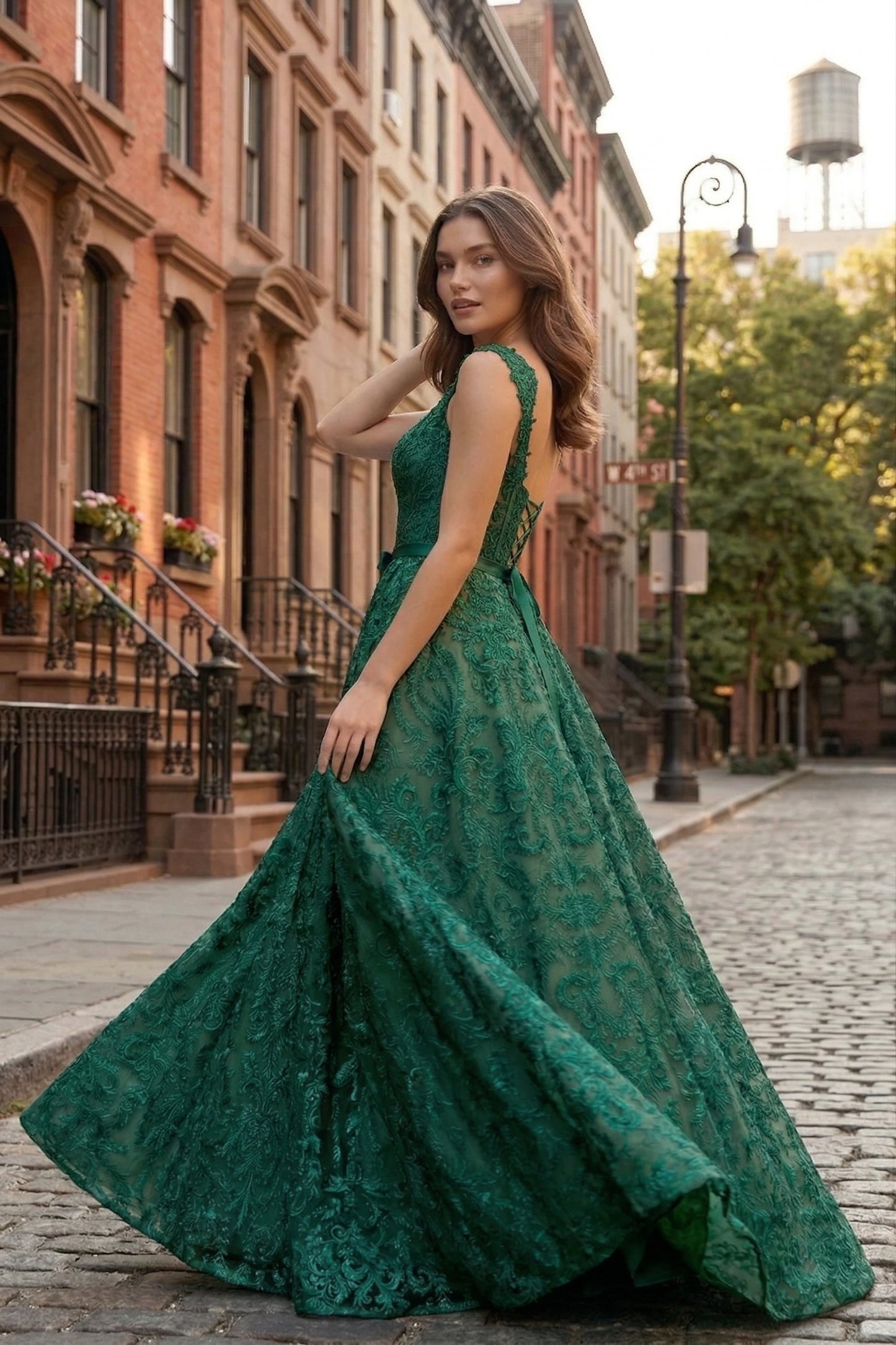 Square Neck Lace Corset A-Line Prom Dress with Satin Bow & Lace-Up Back | Sevoba