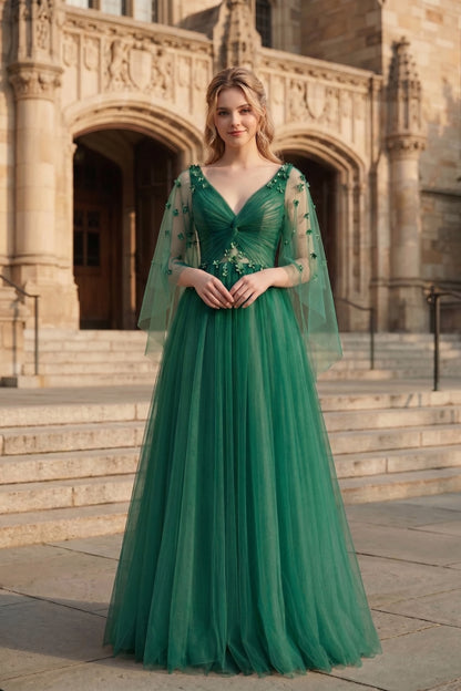 V Neck Applique Tulle A-Line Prom Dress with Sheer Sleeves and Lace-Up Back | Sevoba