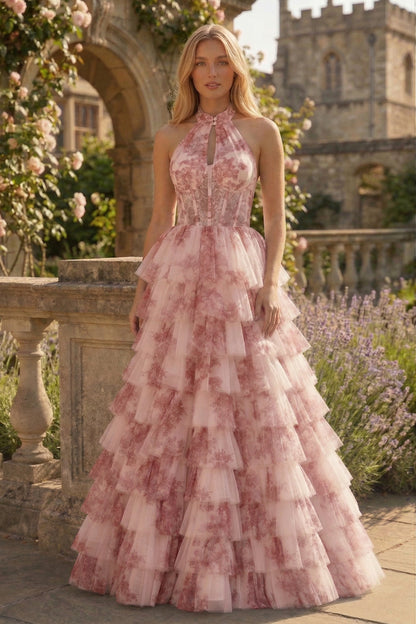 Halter Keyhole Floral Tulle Tiered Ball Gown Prom Dress with Corset Back | Sevoba