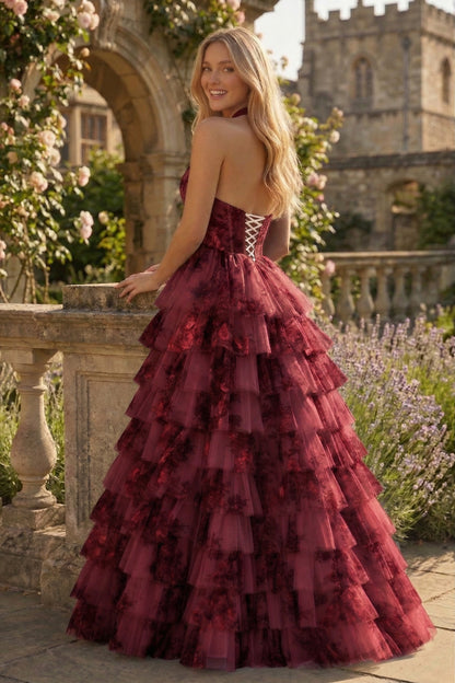 Halter Keyhole Floral Tulle Tiered Ball Gown Prom Dress with Corset Back | Sevoba