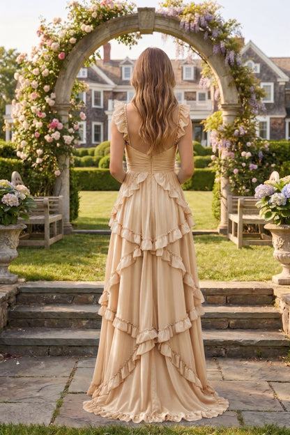 Sweetheart Cutout Ruffle Strap Tiered Chiffon A-Line Prom Dress | Sevoba