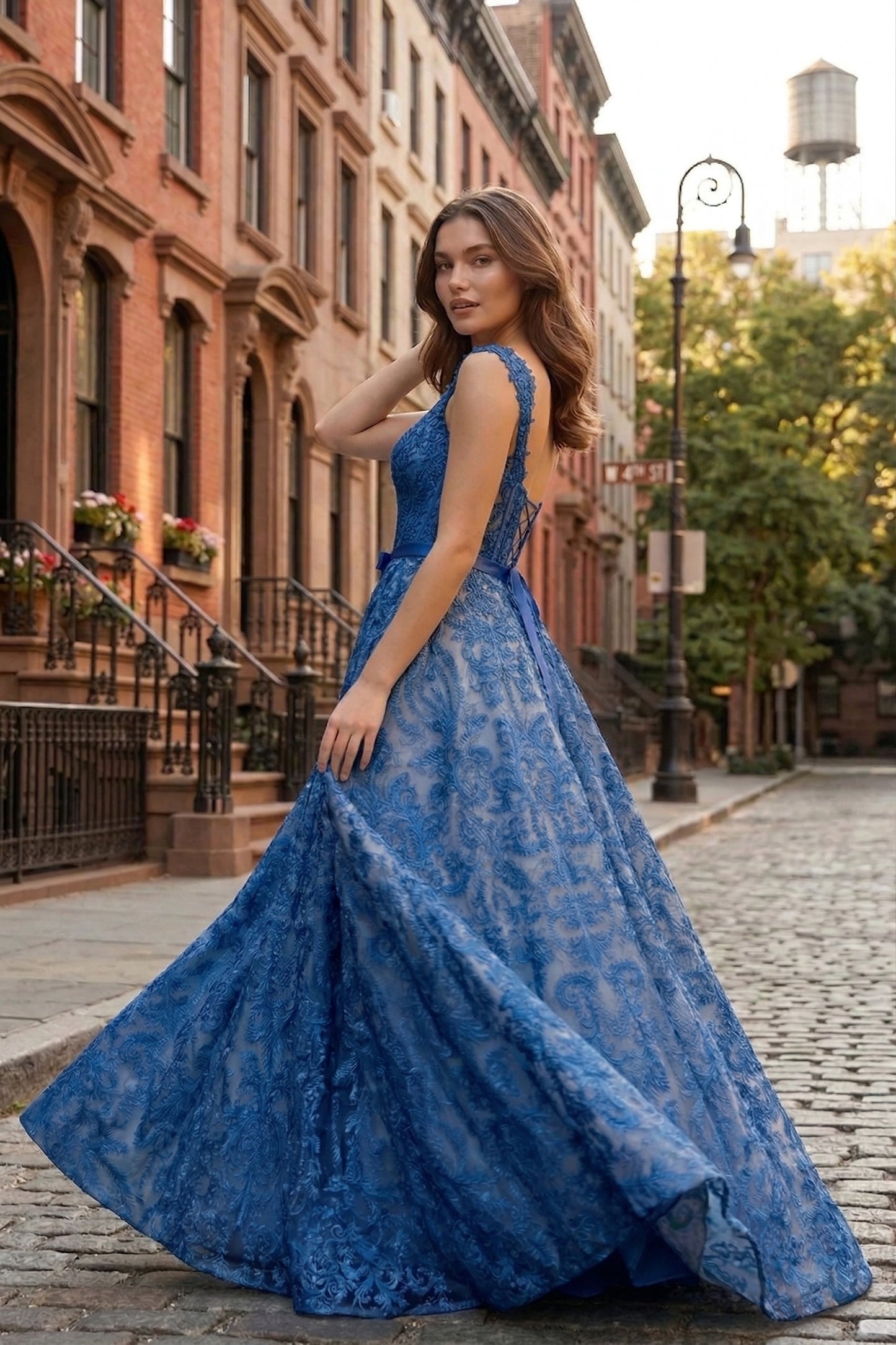 Square Neck Lace Corset A-Line Prom Dress with Satin Bow & Lace-Up Back | Sevoba