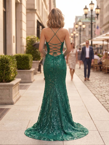 Spaghetti Strap Square Neck Embellished Lace Mermaid Prom Dress with Lace-Up Back | Sevoba