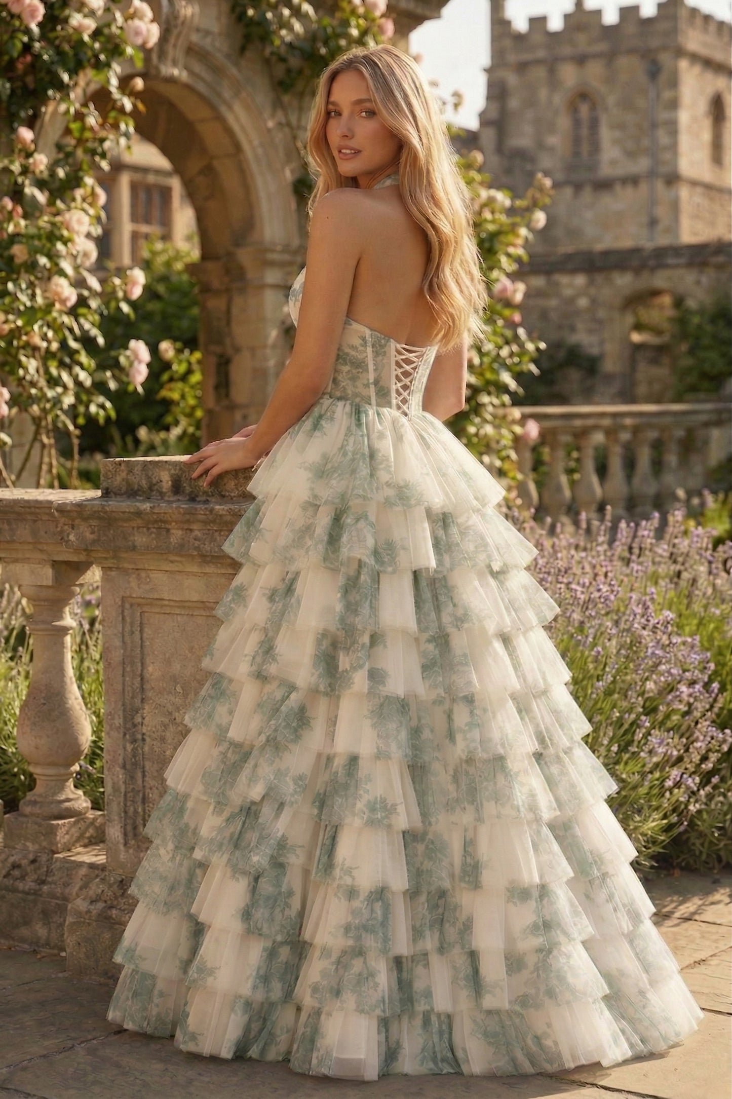 Halter Keyhole Floral Tulle Tiered Ball Gown Prom Dress with Corset Back | Sevoba