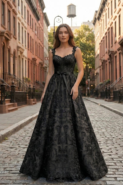 Square Neck Lace Corset A-Line Prom Dress with Satin Bow & Lace-Up Back | Sevoba