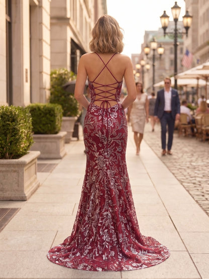 Spaghetti Strap Square Neck Embellished Lace Mermaid Prom Dress with Lace-Up Back | Sevoba