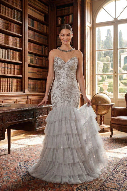 Illusion Neck Beaded Lace Mermaid Prom Dress with Tiered Tulle Skirt | Sevoba