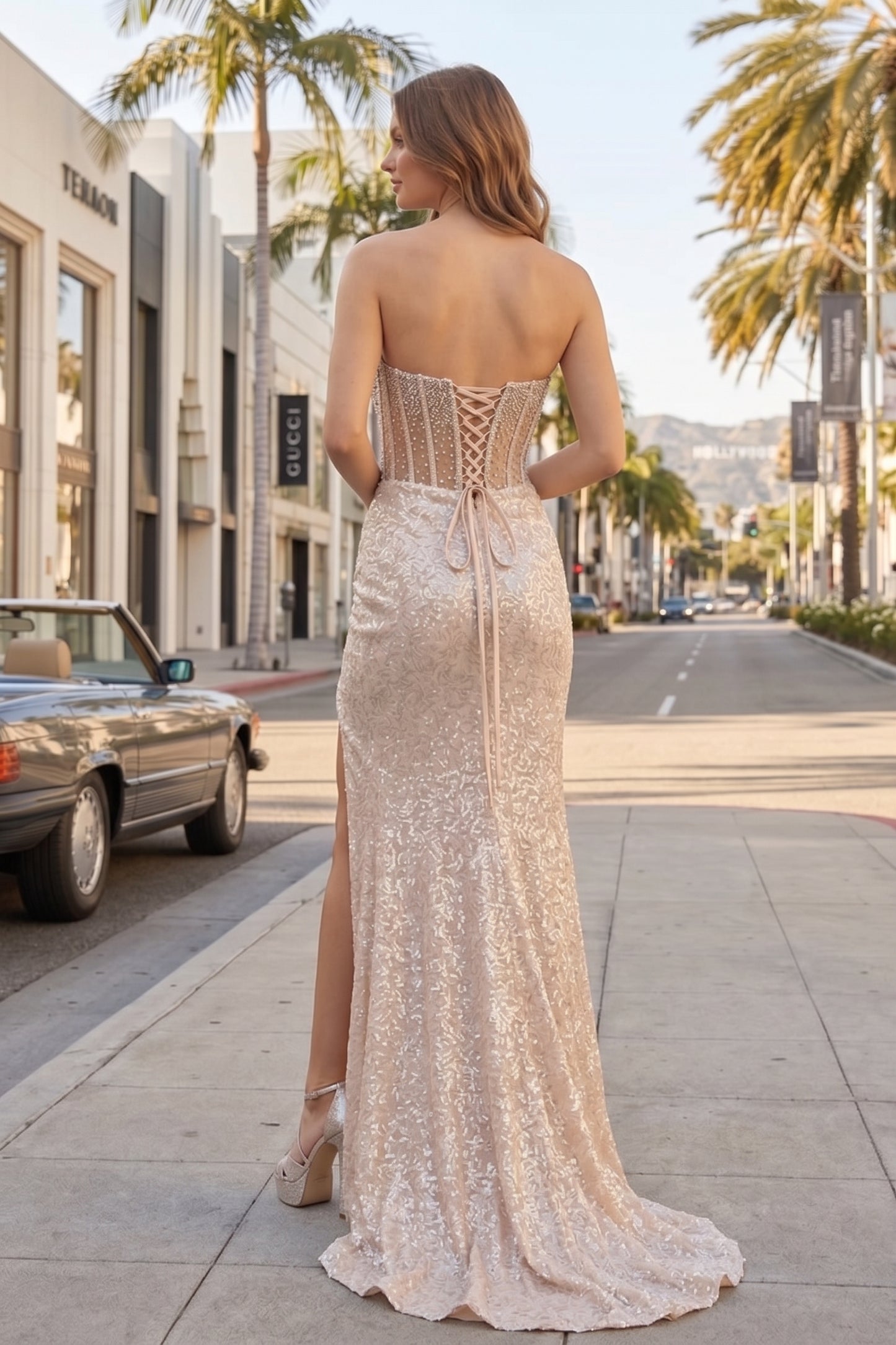 Strapless Sheer Corset Sequin Lace Mermaid Prom Dress with High Slit | Sevoba