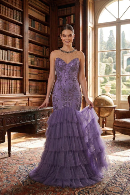 Illusion Neck Beaded Lace Mermaid Prom Dress with Tiered Tulle Skirt | Sevoba