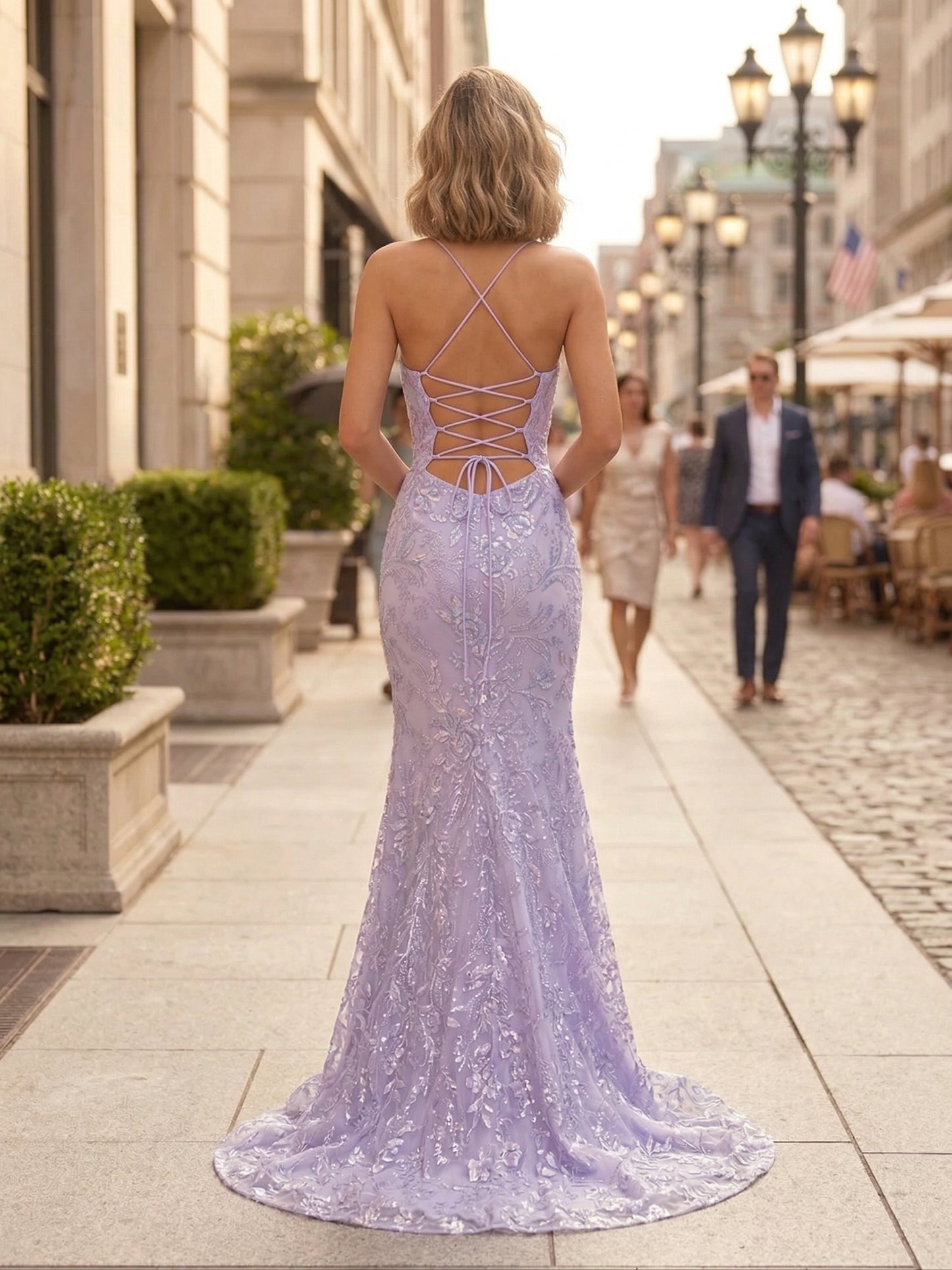 Spaghetti Strap Square Neck Embellished Lace Mermaid Prom Dress with Lace-Up Back | Sevoba