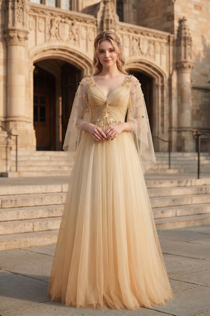 V Neck Applique Tulle A-Line Prom Dress with Sheer Sleeves and Lace-Up Back | Sevoba