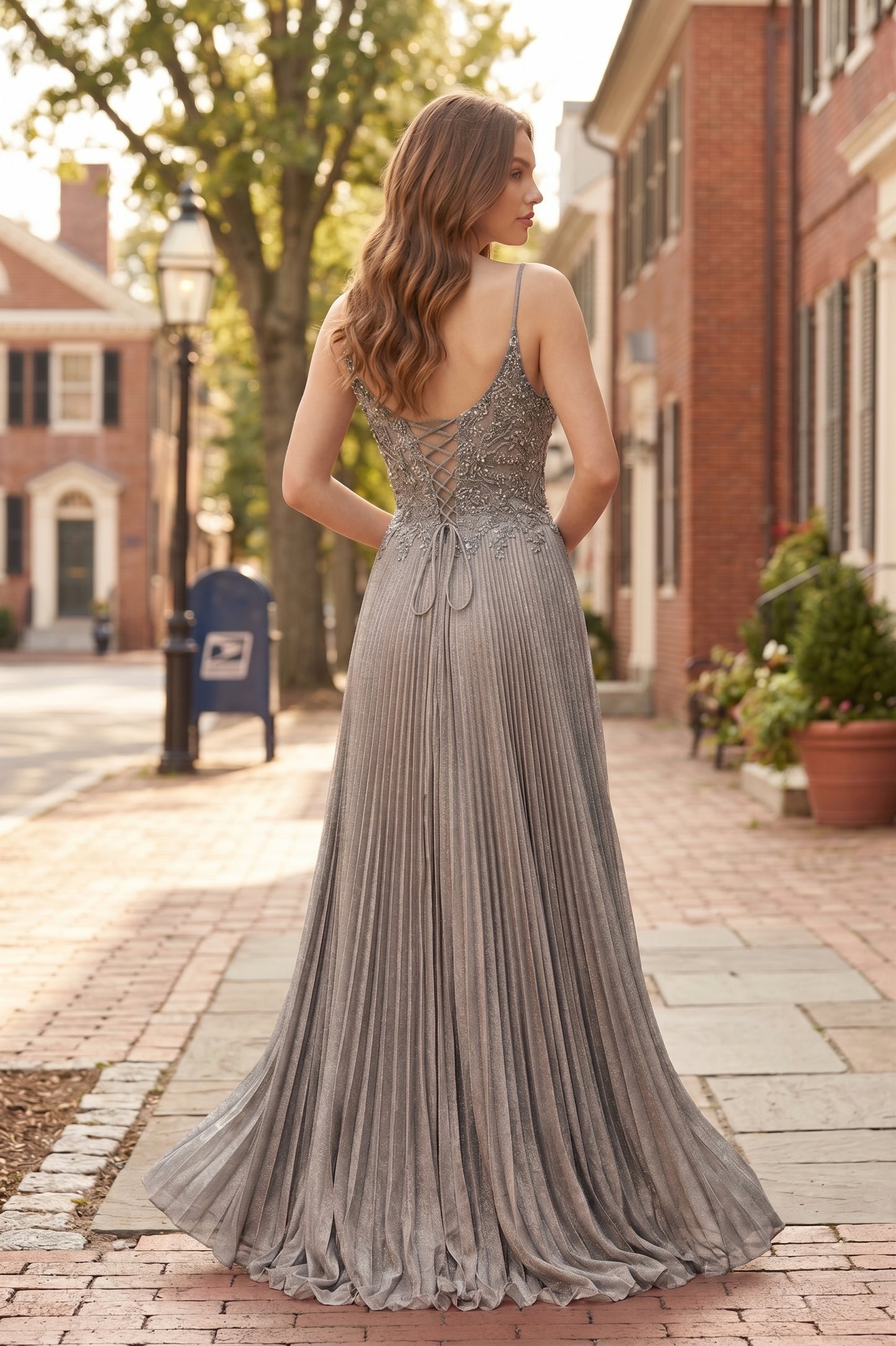 V Neck Applique Lace Pleated A-Line Prom Dress with Lace-Up Back | Sevoba