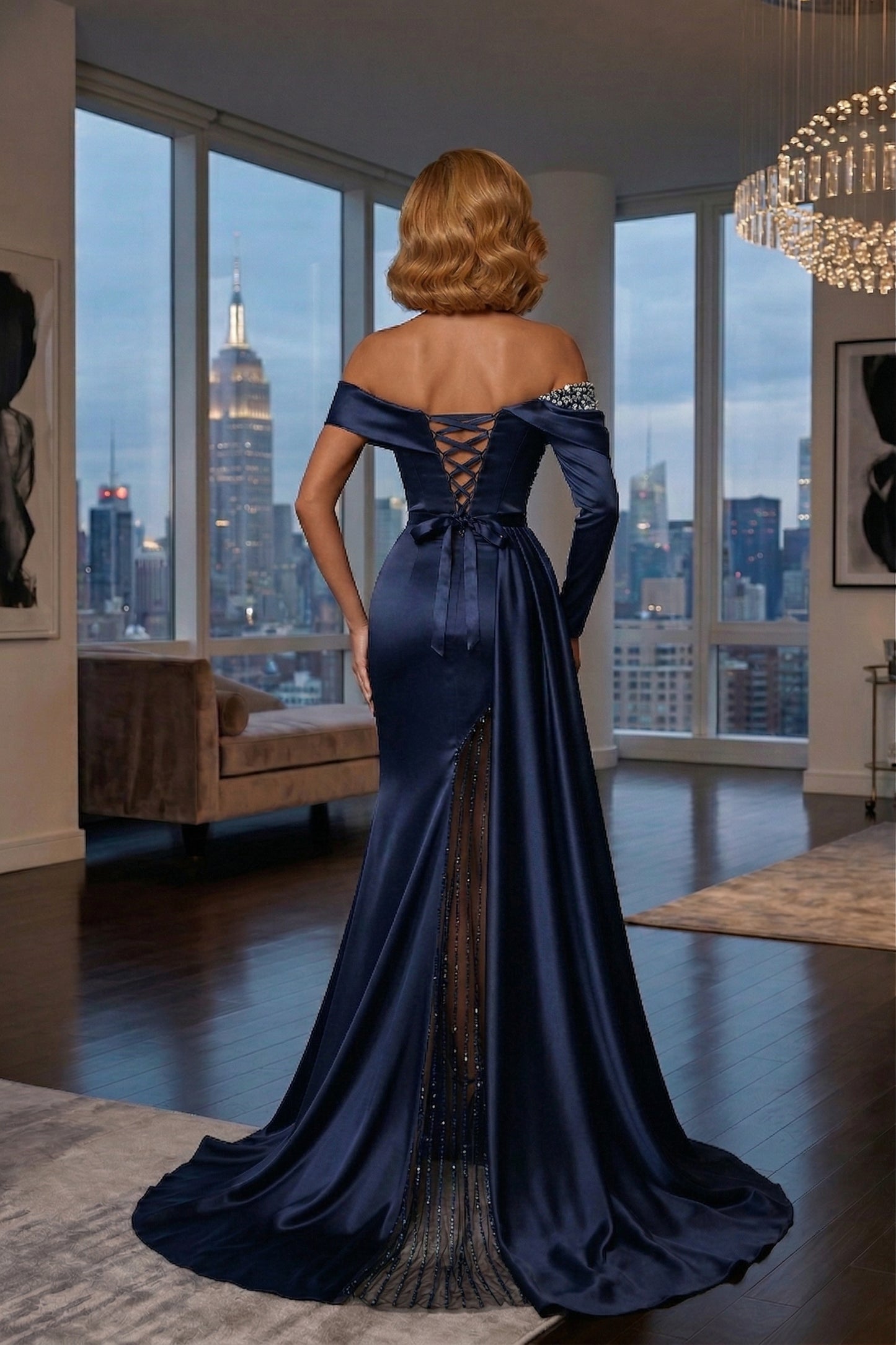Off-the-Shoulder Long Sleeve Satin Mermaid Prom Dress with Beaded Slit | Sevoba