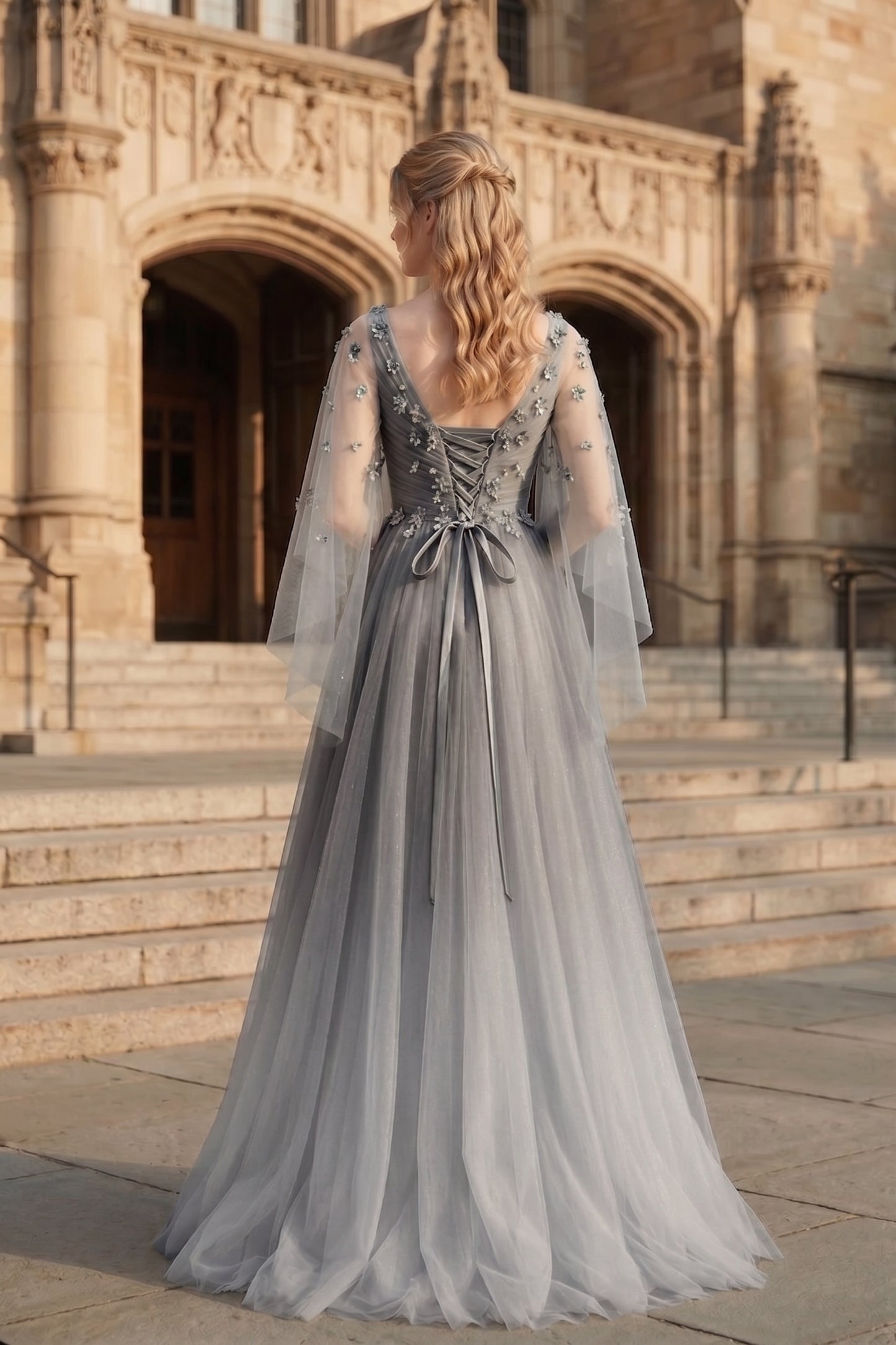 V Neck Applique Tulle A-Line Prom Dress with Sheer Sleeves and Lace-Up Back | Sevoba