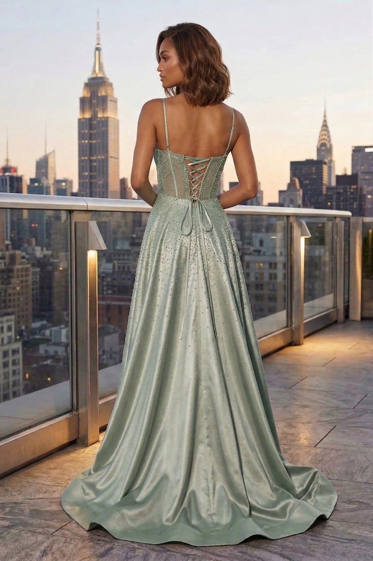 Spaghetti Strap Sheer Beaded Corset A-Line Prom Dress with Lace-Up Back & High Slit | Sevoba