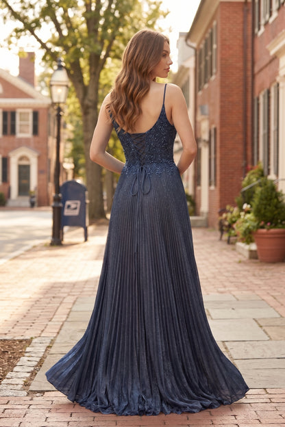 V Neck Applique Lace Pleated A-Line Prom Dress with Lace-Up Back | Sevoba