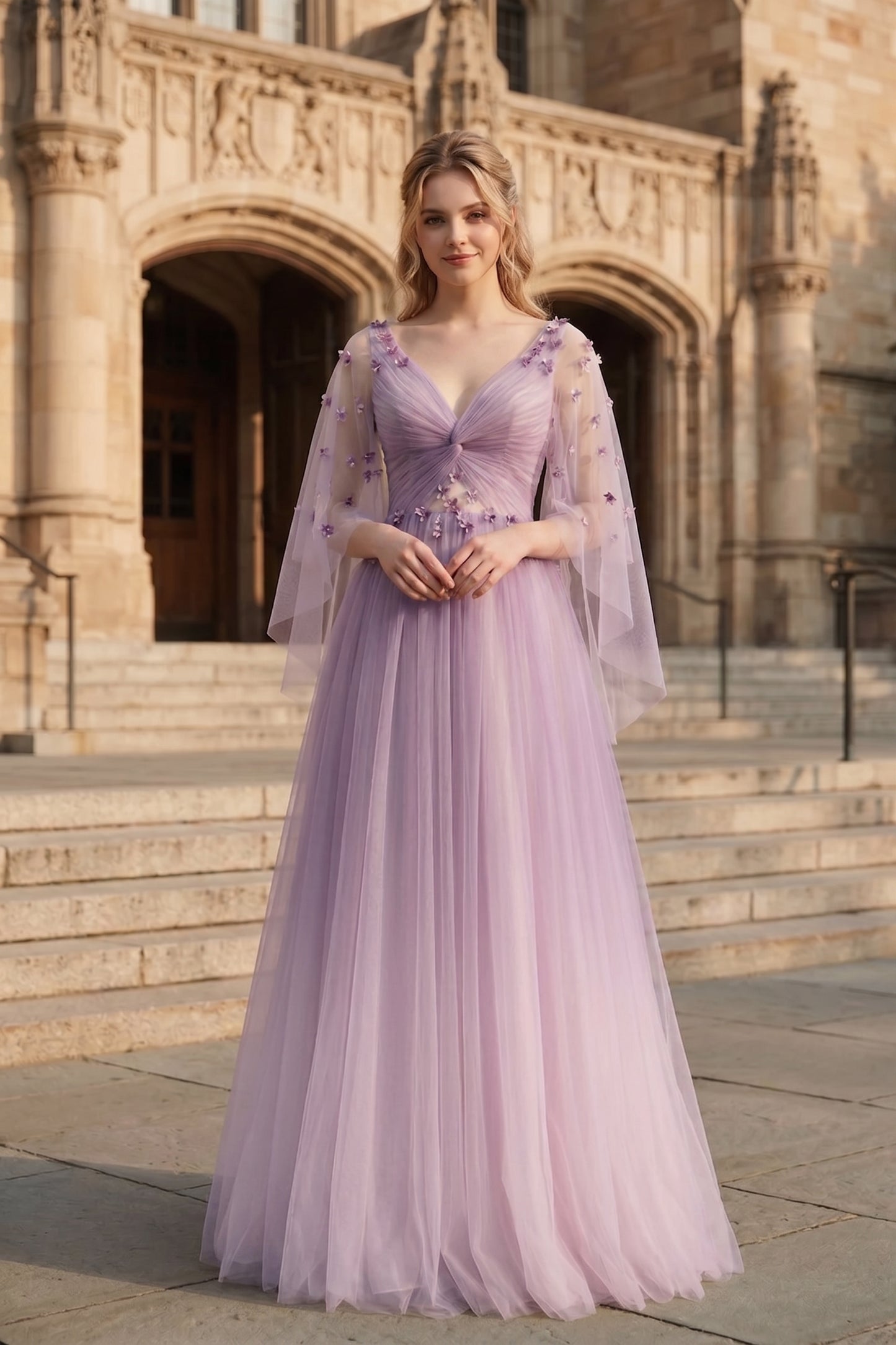 V Neck Applique Tulle A-Line Prom Dress with Sheer Sleeves and Lace-Up Back | Sevoba