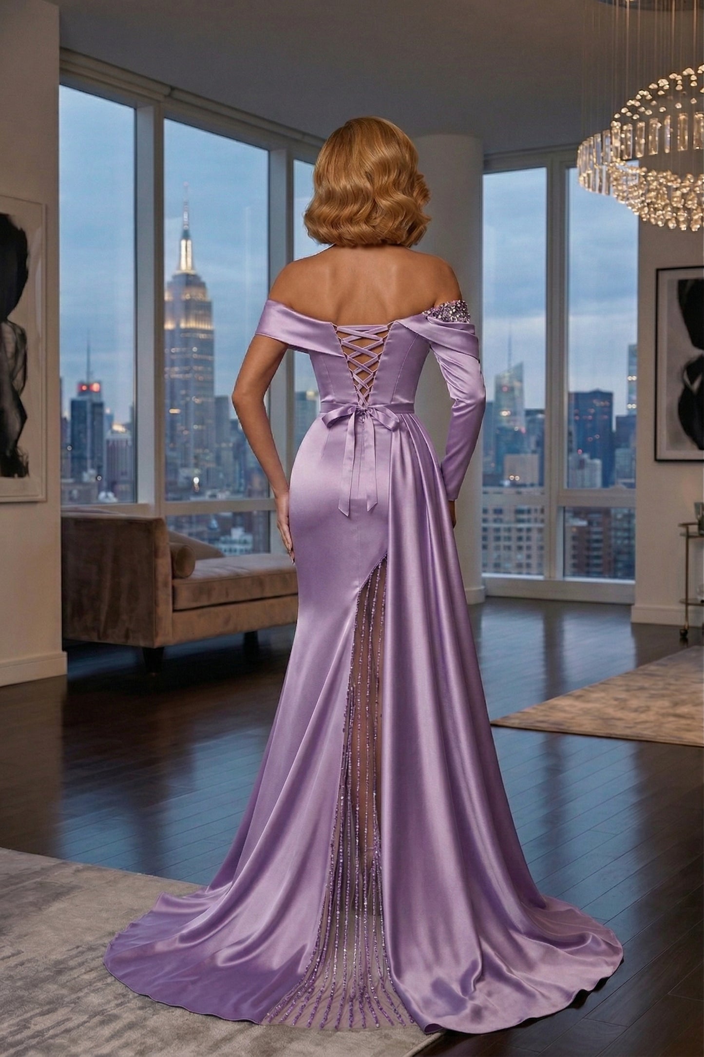 Off-the-Shoulder Long Sleeve Satin Mermaid Prom Dress with Beaded Slit | Sevoba