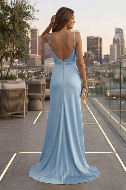 Spaghetti Strap Ruched Sweetheart Satin Mermaid Prom Dress with Low V Back | Sevoba