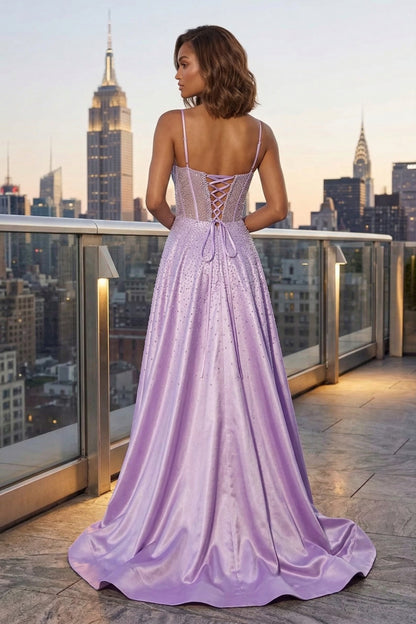 Spaghetti Strap Sheer Beaded Corset A-Line Prom Dress with Lace-Up Back & High Slit | Sevoba