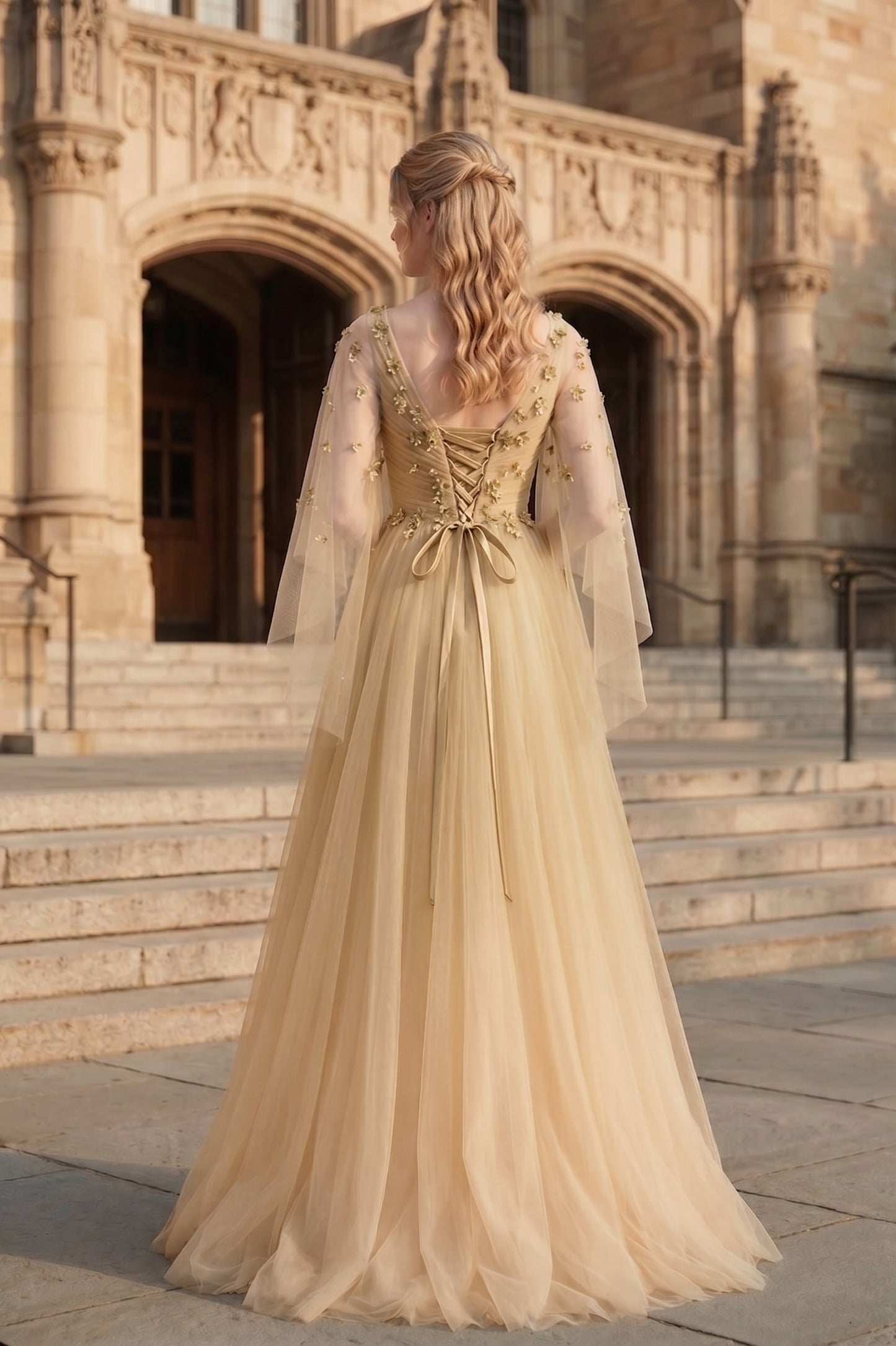 V Neck Applique Tulle A-Line Prom Dress with Sheer Sleeves and Lace-Up Back | Sevoba
