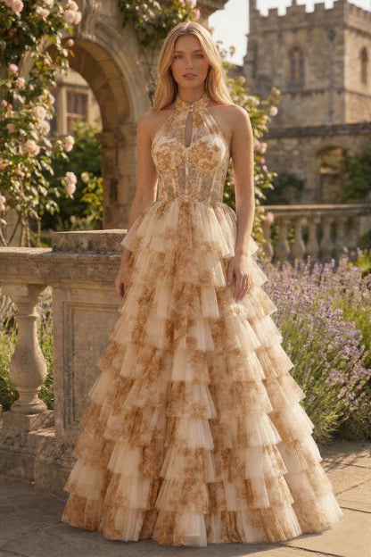 Halter Keyhole Floral Tulle Tiered Ball Gown Prom Dress with Corset Back | Sevoba