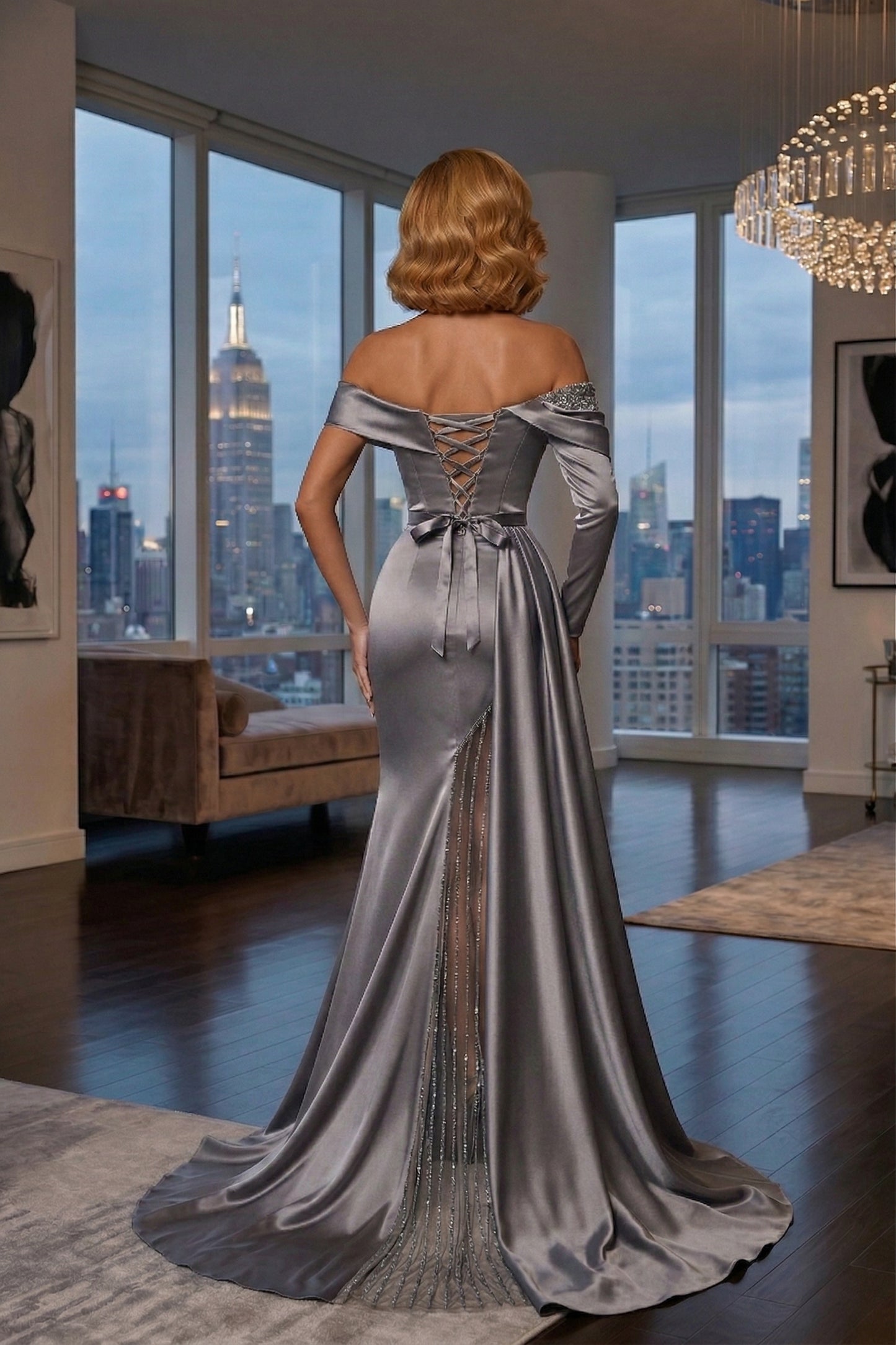 Off-the-Shoulder Long Sleeve Satin Mermaid Prom Dress with Beaded Slit | Sevoba