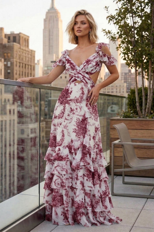 Off-the-Shoulder Floral Print Tiered Ruffle Chiffon Prom Dress with Open Tie-Back | Sevoba