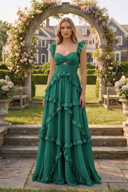 Sweetheart Cutout Ruffle Strap Tiered Chiffon A-Line Prom Dress | Sevoba