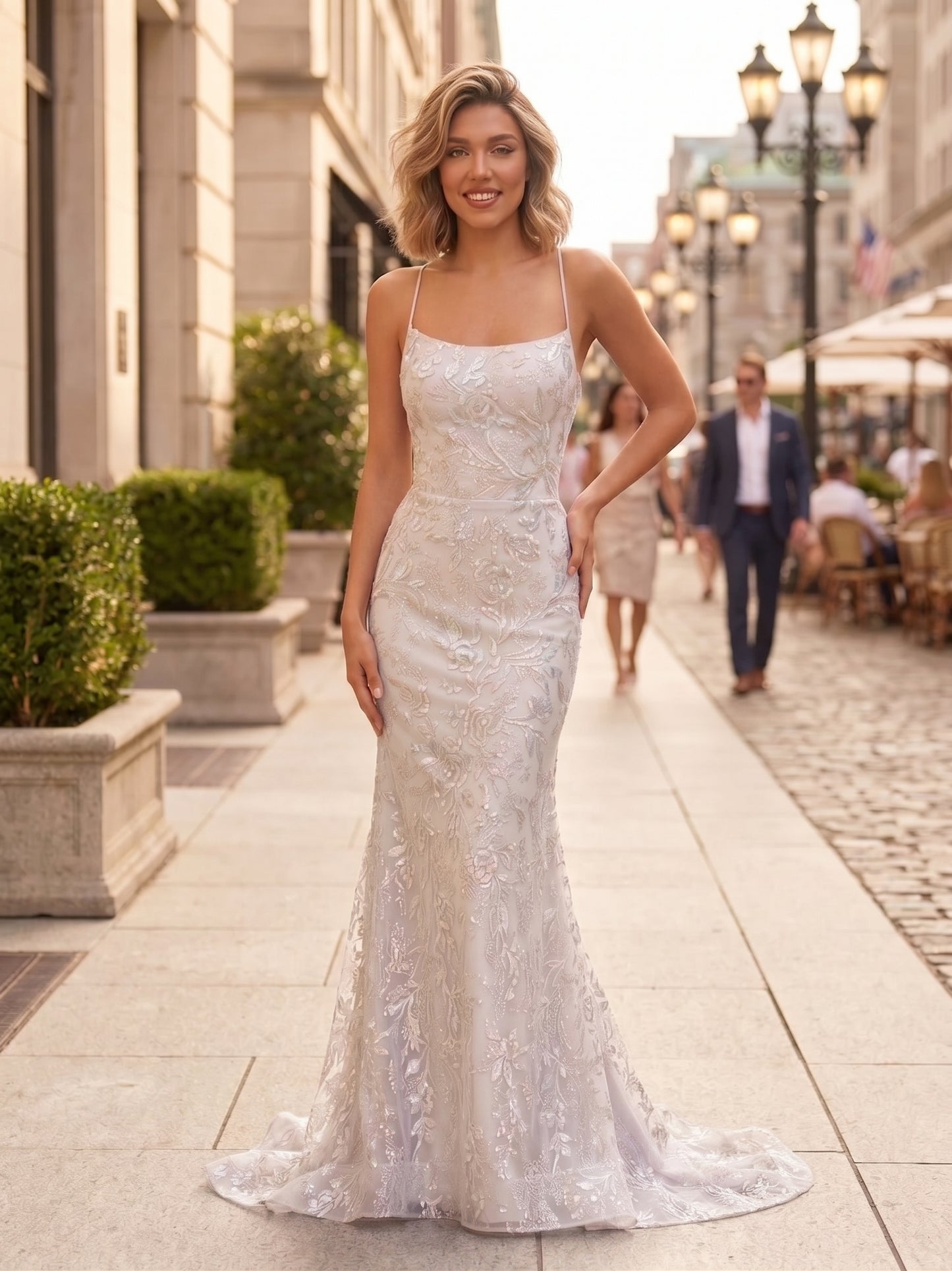 Spaghetti Strap Square Neck Embellished Lace Mermaid Prom Dress with Lace-Up Back | Sevoba