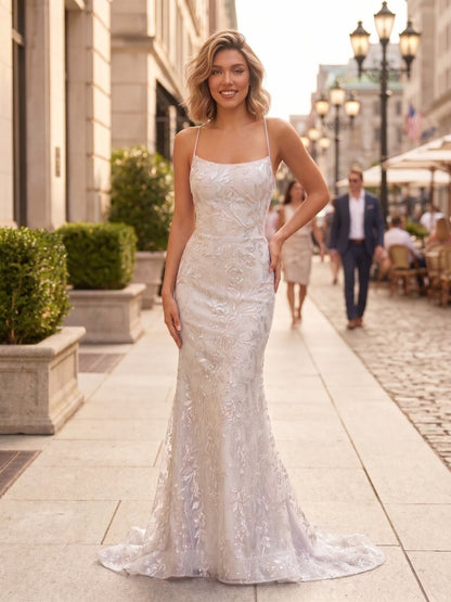 Spaghetti Strap Square Neck Embellished Lace Mermaid Prom Dress with Lace-Up Back | Sevoba