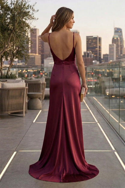 Spaghetti Strap Ruched Sweetheart Satin Mermaid Prom Dress with Low V Back | Sevoba