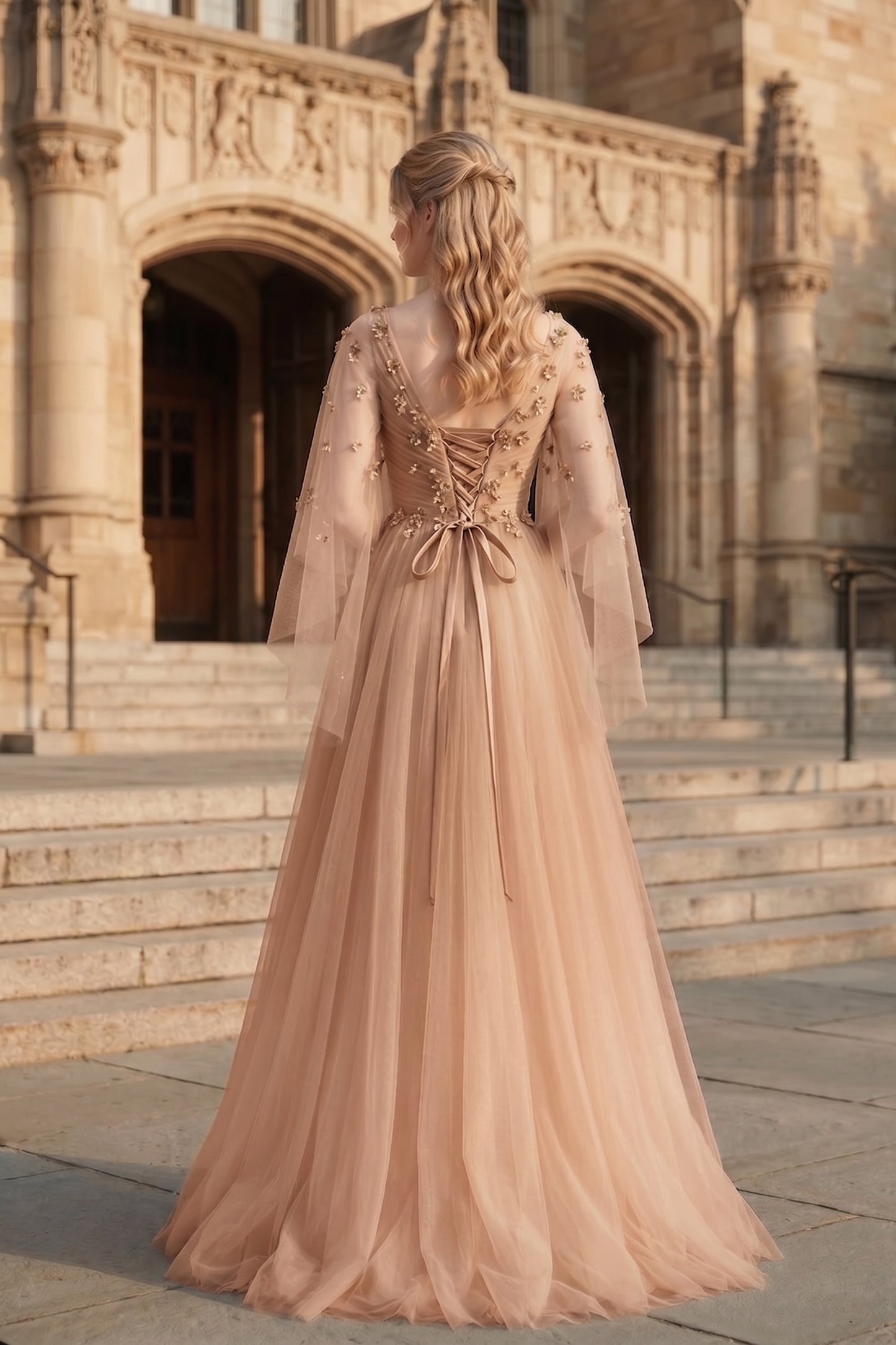 V Neck Applique Tulle A-Line Prom Dress with Sheer Sleeves and Lace-Up Back | Sevoba